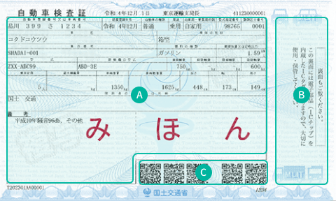 国土交通省の電子車検証見本。Aは券面情報、BはICタグ、Cは二次元コードを示す